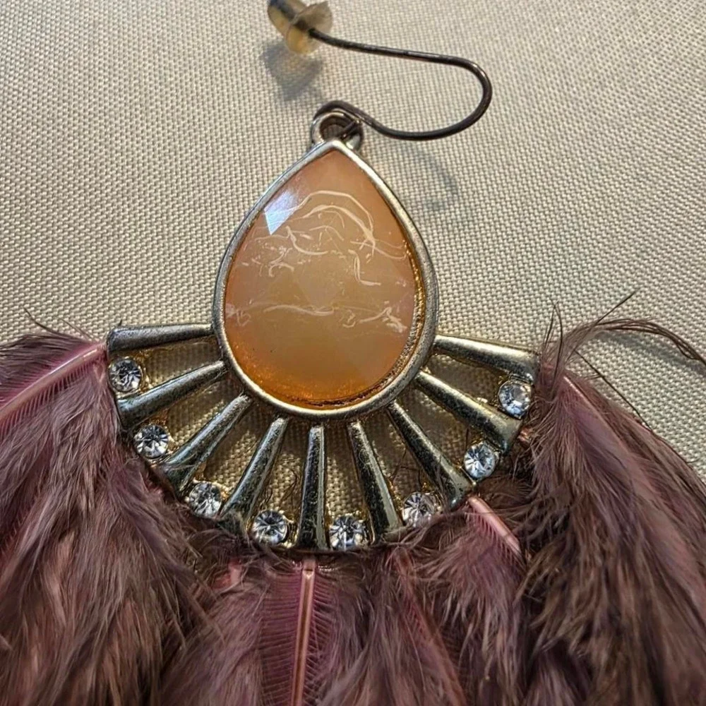 Brown & pink feather earrings with rhinestones